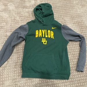 Baylor University, Size Men’s Small, Dark green Nike hoodie with grey sleeves.